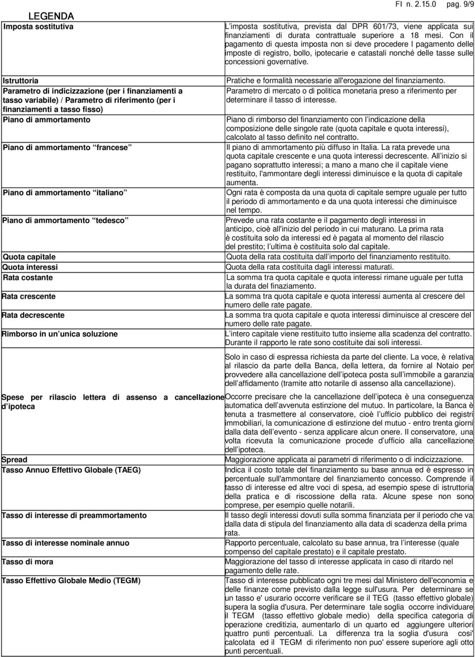 Istruttoria Parametro di indicizzazione (per i finanziamenti a tasso variabile) / Parametro di riferimento (per i finanziamenti a tasso fisso) Piano di ammortamento Piano di ammortamento francese