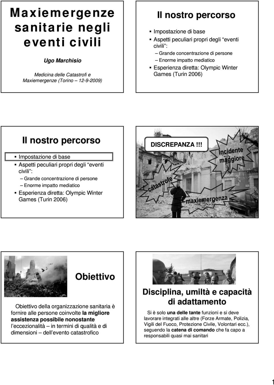 termini di qualità e di dimensioni dell evento catastrofico Disciplina, umiltà e capacità di adattamento Si è solo una delle tante funzioni e si deve