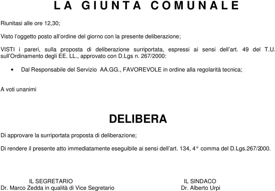 267/2000: Dal Responsabile del Servizio AA.GG.