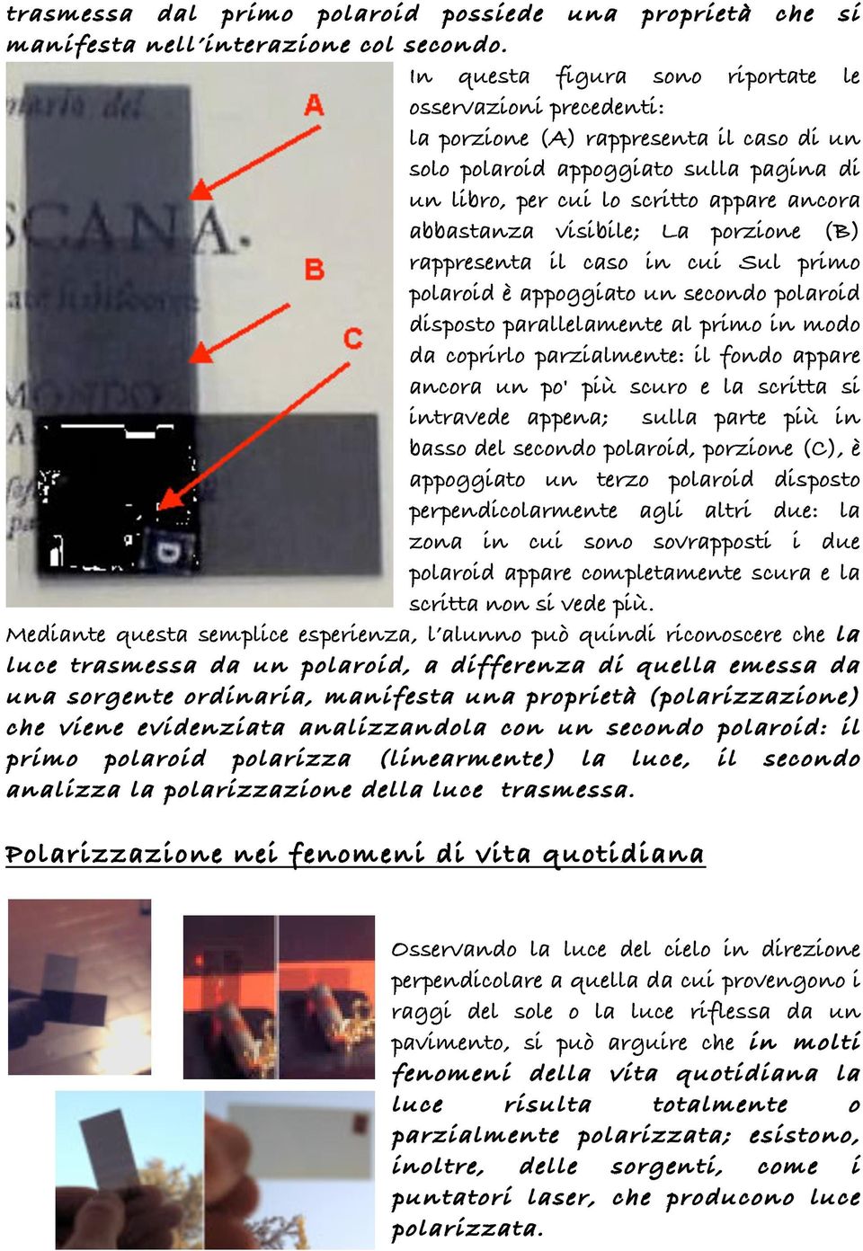 visibile; La porzione (B) rappresenta il caso in cui Sul primo polaroid è appoggiato un secondo polaroid disposto parallelamente al primo in modo da coprirlo parzialmente: il fondo appare ancora un