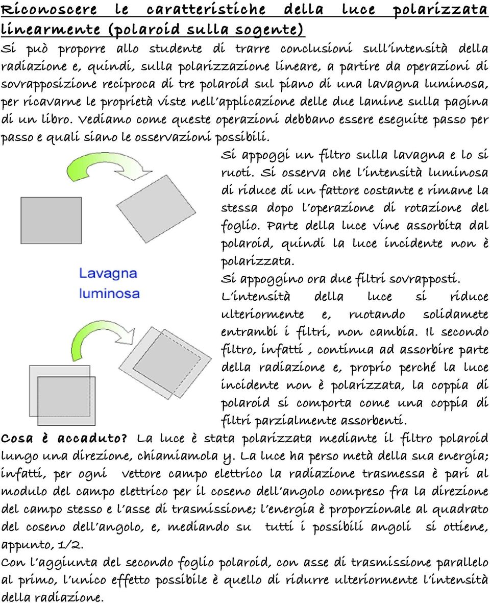 sulla pagina di un libro. Vediamo come queste operazioni debbano essere eseguite passo per passo e quali siano le osservazioni possibili. Si appoggi un filtro sulla lavagna e lo si ruoti.