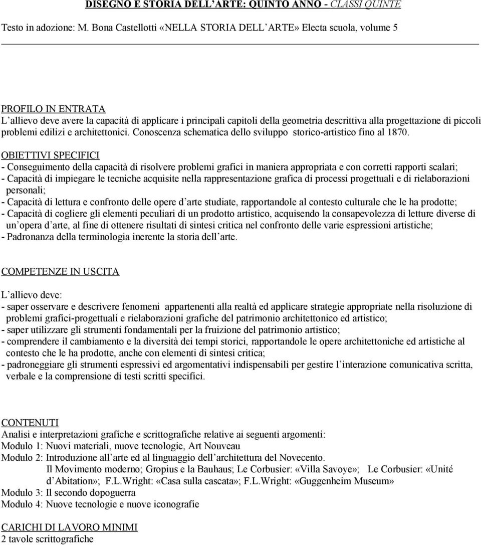 problemi edilizi e architettonici. Conoscenza schematica dello sviluppo storico-artistico fino al 1870.