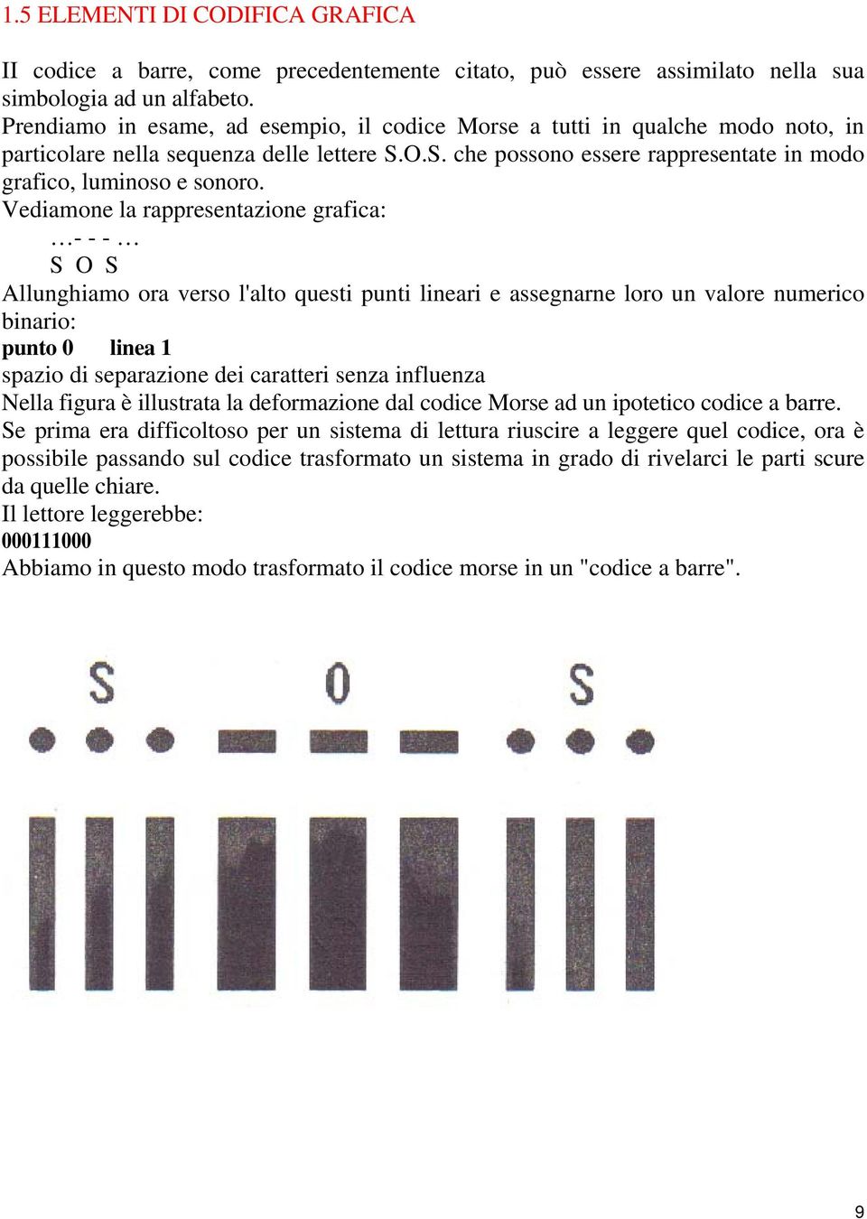 Vediamone la rappresentazione grafica: - - - S O S Allunghiamo ora verso l'alto questi punti lineari e assegnarne loro un valore numerico binario: punto 0 linea 1 spazio di separazione dei caratteri