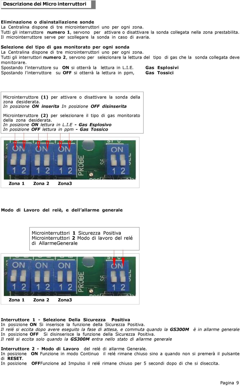 Selezione del tipo di gas monitorato per ogni sonda La entralina dispone di tre microinterruttori uno per ogni zona.