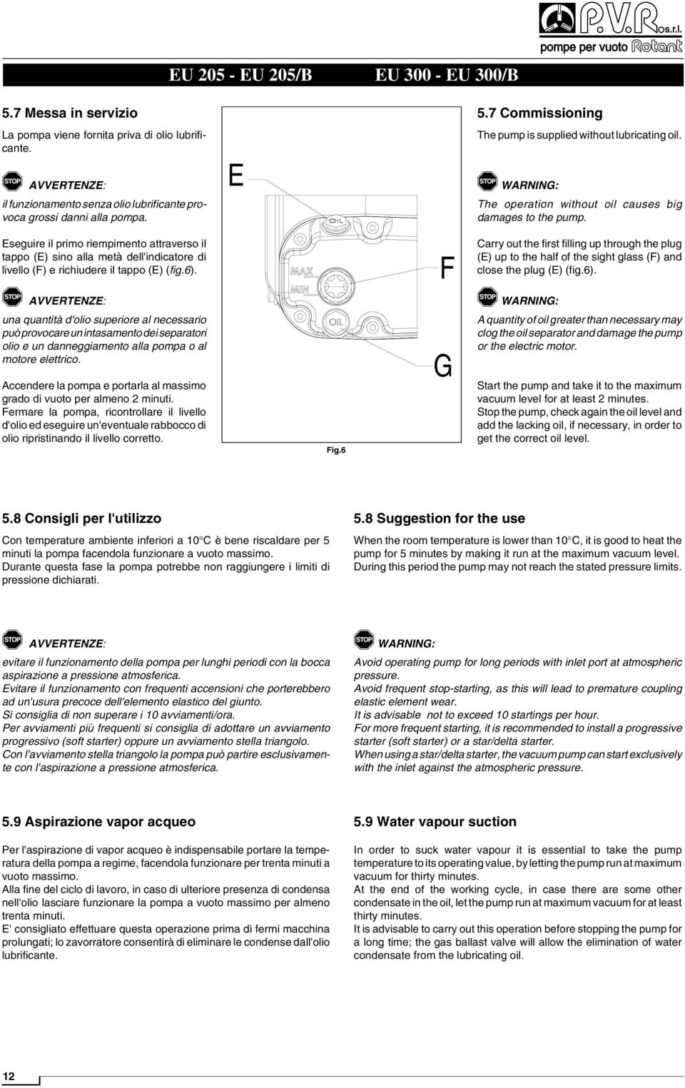 Eseguire il primo riempimento attraverso il tappo (E) sino alla metà dell'indicatore di livello (F) e richiudere il tappo (E) (fig.6).