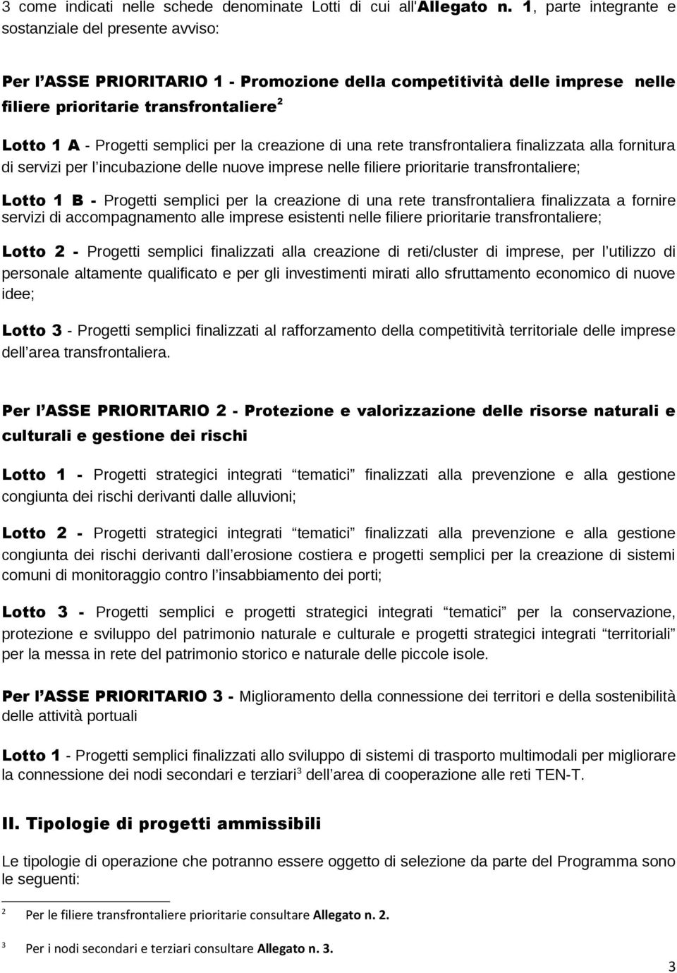 semplici per la creazione di una rete transfrontaliera finalizzata alla fornitura di servizi per l incubazione delle nuove imprese nelle filiere prioritarie transfrontaliere; Lotto 1 B - Progetti