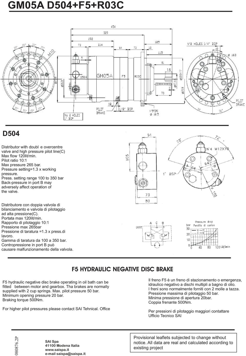 Portata max 120lit/min. Rapporto di pilotaggio 10:1 Pressione max 265bar Pressione di taratura =1.3 x press.di lavoro. Gamma di taratura da 100 a 350 bar.