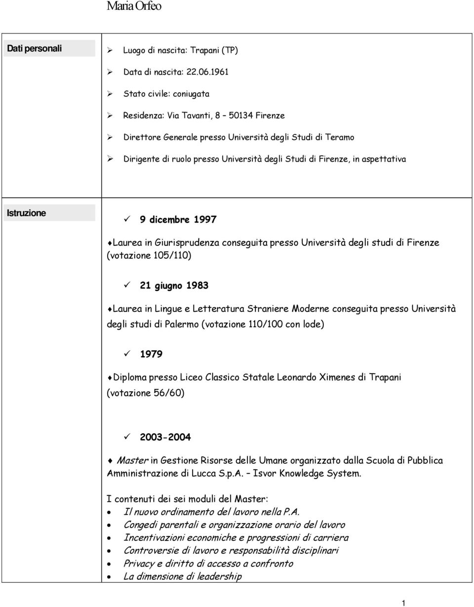 aspettativa Istruzione 9 dicembre 1997 Laurea in Giurisprudenza conseguita presso Università degli studi di Firenze (votazione 105/110) 21 giugno 1983 Laurea in Lingue e Letteratura Straniere Moderne