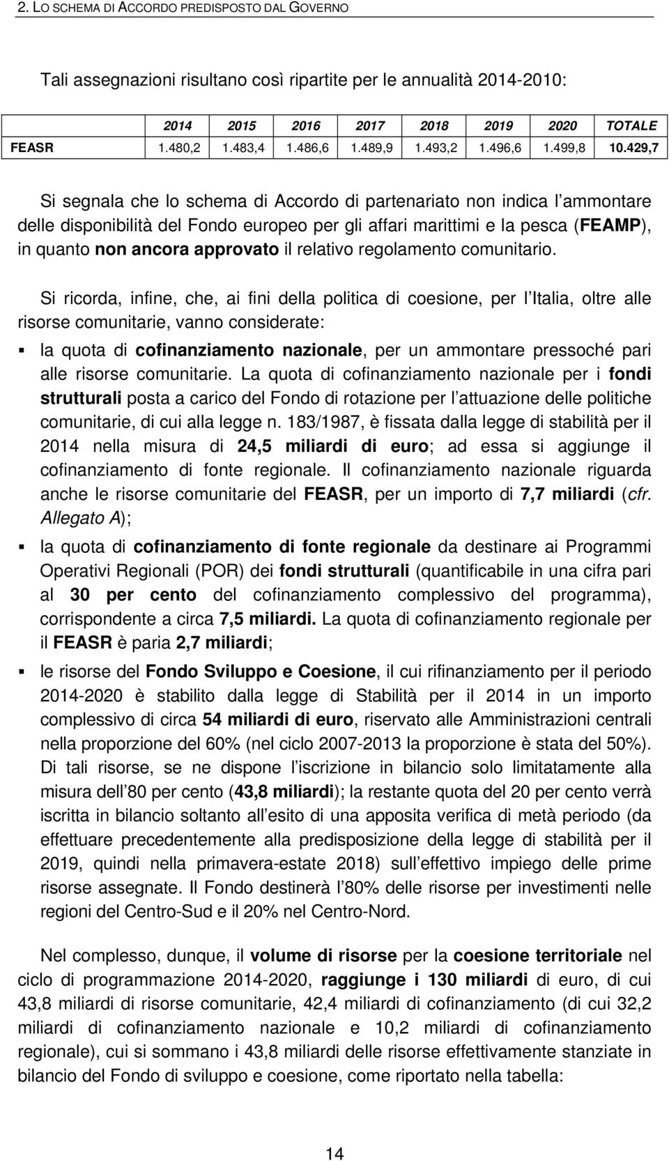 429,7 Si segnala che lo schema di Accordo di partenariato non indica l ammontare delle disponibilità del Fondo europeo per gli affari marittimi e la pesca (FEAMP), in quanto non ancora approvato il