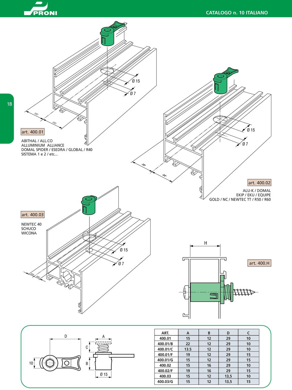 400.H 10 D C B A Ø 15 ART. A B D C 400.01 15 12 29 10 400.01/B 22 12 29 10 400.01/C 13.5 12 29 10 400.01/F 19 12 29 15 400.