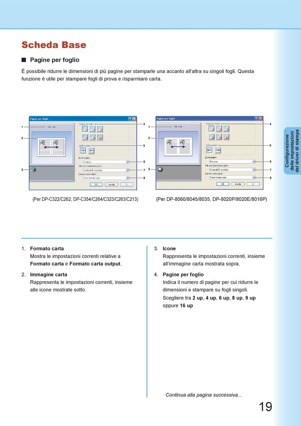 Formato carta Mostra le impostazioni correnti relative a Formato carta e Formato carta output. 2. Immagine carta Rappresenta le impostazioni correnti, insieme alle icone mostrate sotto. 3.