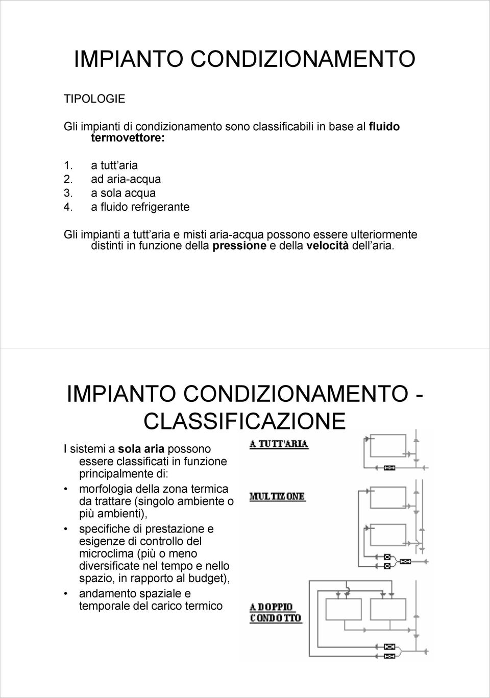 IMPIANTO CONDIZIONAMENTO - CLASSIFICAZIONE I sistemi a sola aria possono essere classificati in funzione principalmente di: morfologia della zona termica da trattare (singolo