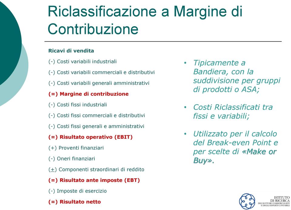 operativo (EBIT) (+) Proventi finanziari (-) Oneri finanziari (+) Componenti straordinari di reddito Tipicamente a Bandiera, con la suddivisione per gruppi di prodotti o ASA;