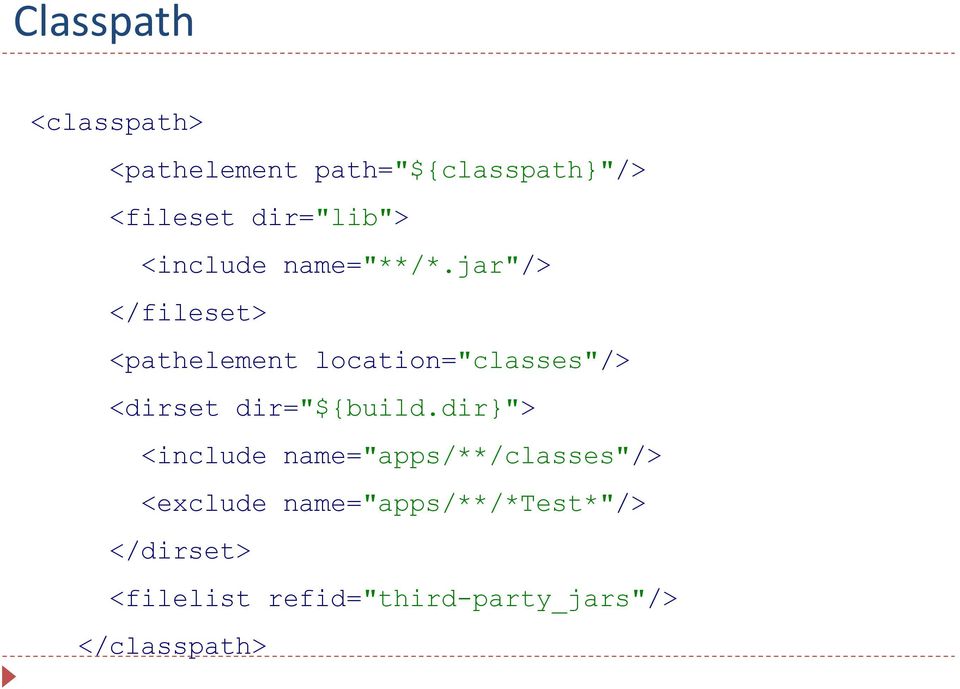 jar"/> </fileset> <pathelement location="classes"/> <dirset dir="${build.