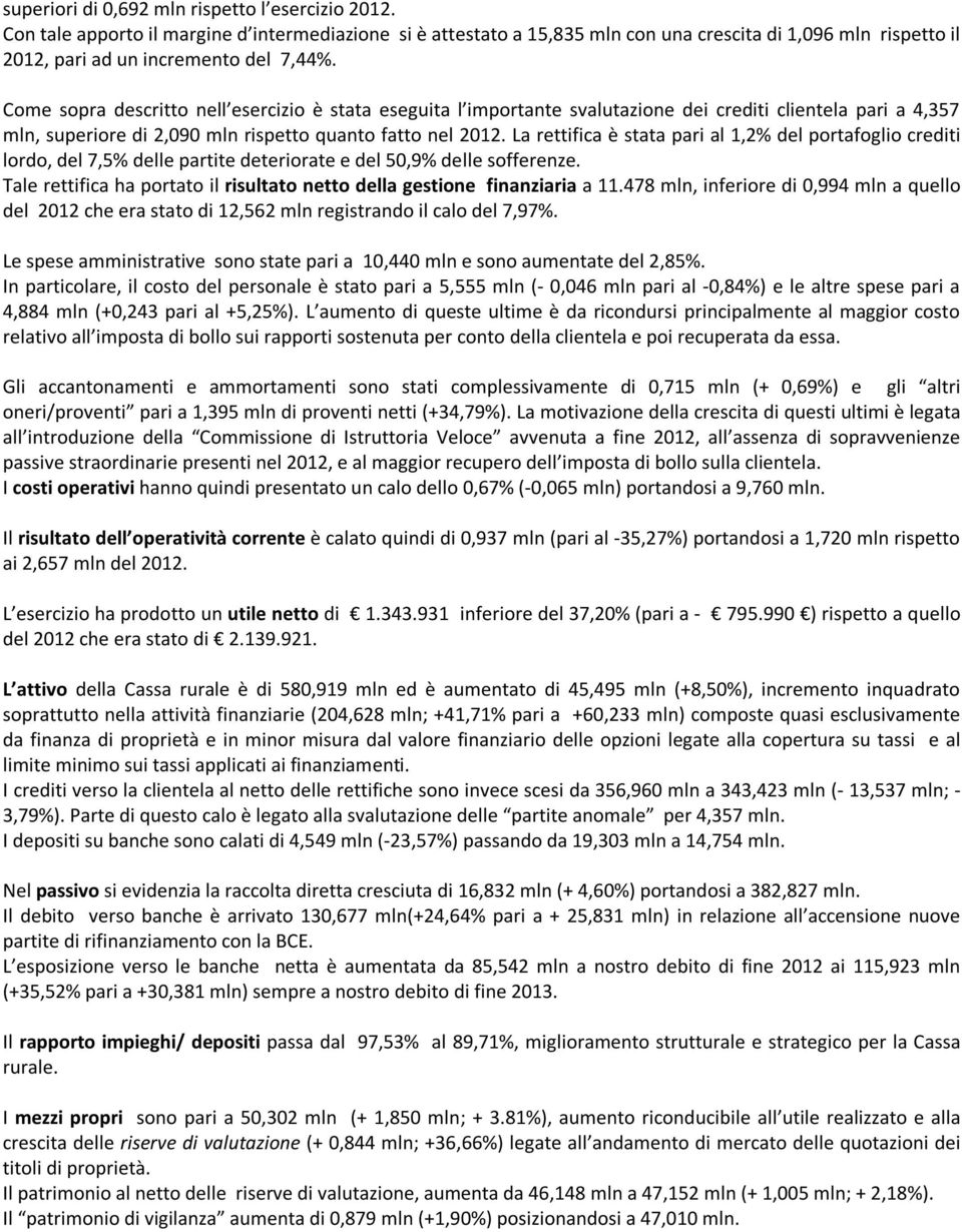 Come sopra descritto nell esercizio è stata eseguita l importante svalutazione dei crediti clientela pari a 4,357 mln, superiore di 2,090 mln rispetto quanto fatto nel 2012.