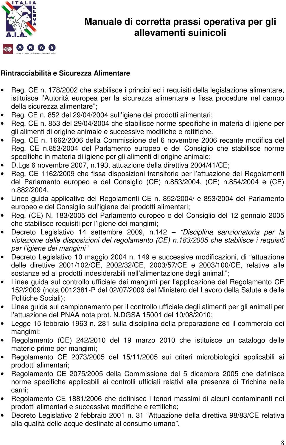 CE n. 852 del 29/04/2004 sull igiene dei prodotti alimentari; Reg. CE n.