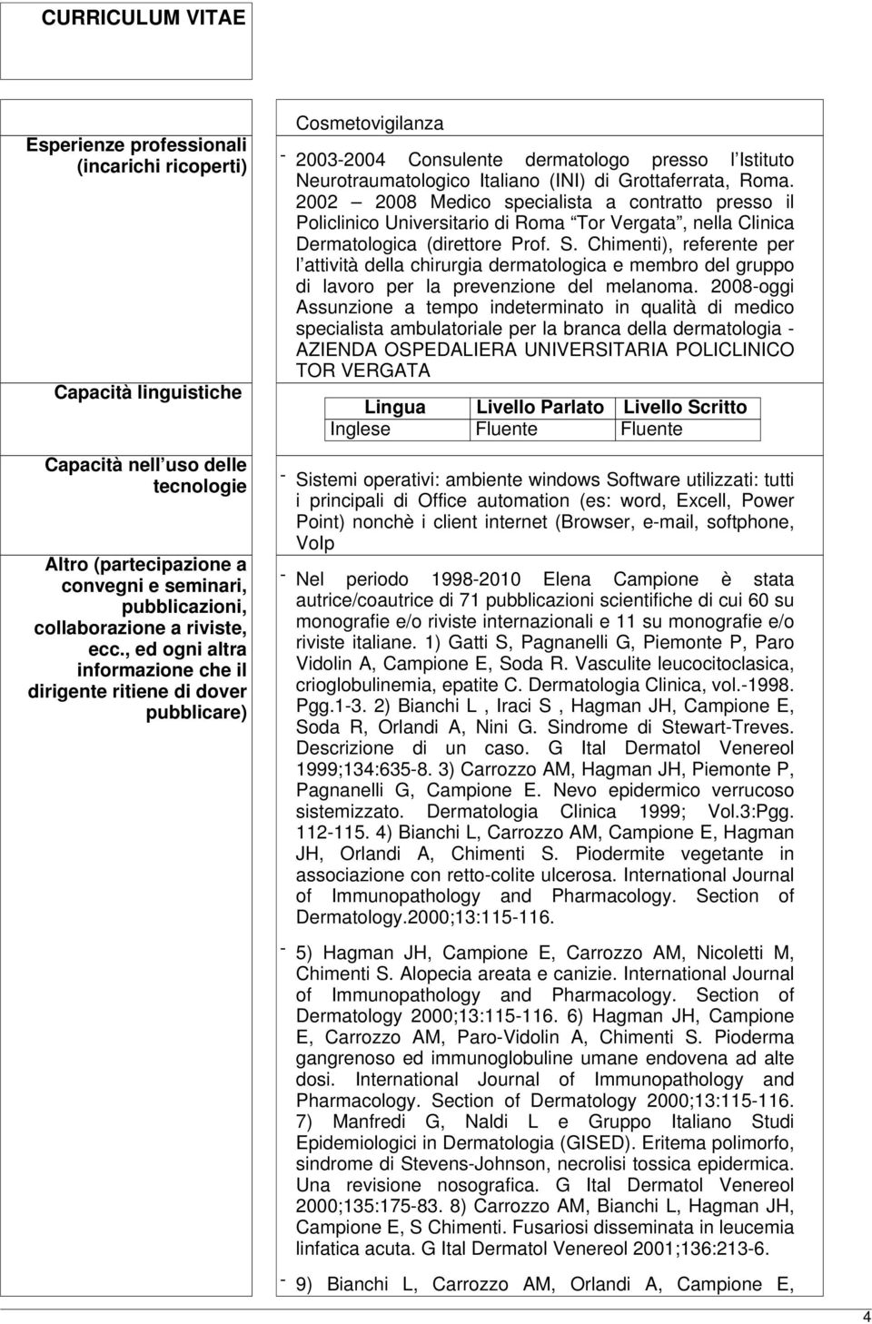 Roma. 2002 2008 Medico specialista a contratto presso il Policlinico Universitario di Roma Tor Vergata, nella Clinica Dermatologica (direttore Prof. S.