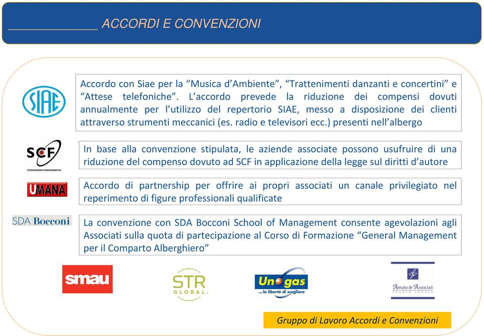 ) presenti nell albergo In base alla convenzione stipulata, le aziende associate possono usufruire di una riduzione del compenso dovuto ad SCF in applicazione della legge sul diritti d autore Accordo