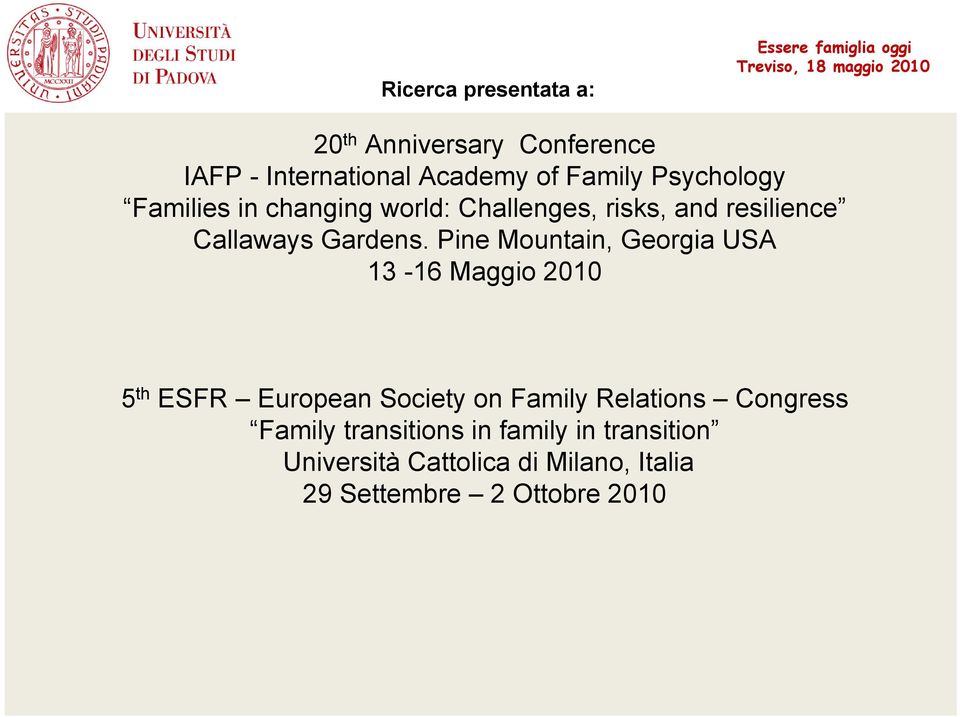 Pine Mountain, Georgia USA 13-16 Maggio 2010 5 th ESFR European Society on Family Relations