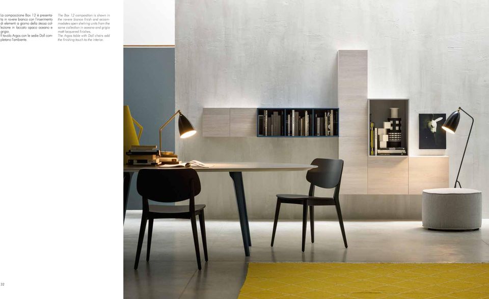 The Box 12 composition is shown in the rovere bianco finish and accommodates open shelving units from the same