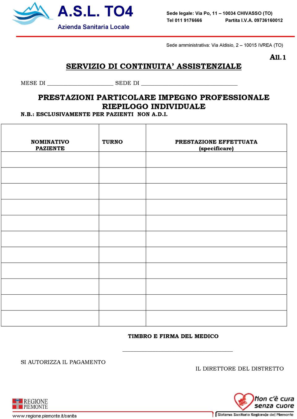 INDIVIDUALE N.B.: ESCLUSIVAMENTE PER PAZIENTI NON A.D.I. NOMINATIVO PAZIENTE