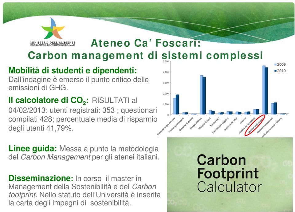 Il calcolatore di CO 2 : RISULTATI al 04/02/2013: utenti registrati: 353 ; questionari compilati 428; percentuale media di risparmio degli