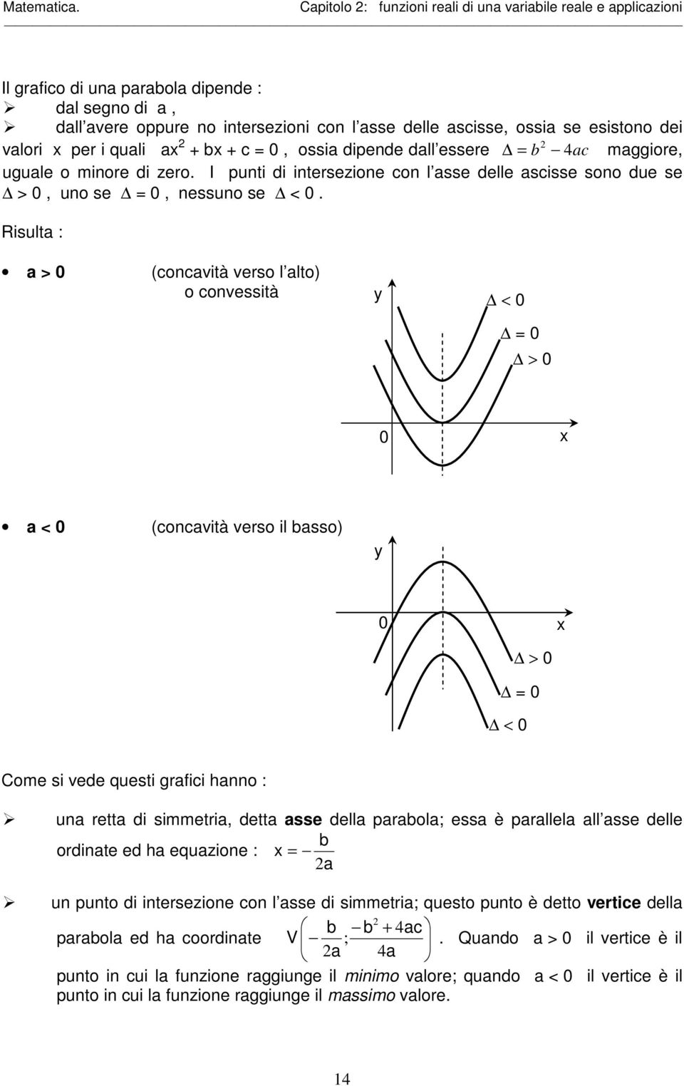 Risulta : a > 0 (concavità verso l alto) o convessità < 0 = 0 > 0 0 a < 0 (concavità verso il basso) 0 > 0 = 0 < 0 Come si vede questi grafici hanno : una retta di simmetria, detta asse della