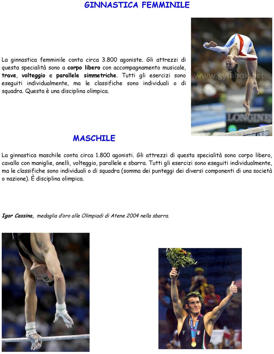 Tutti gli esercizi sono eseguiti individualmente, ma le classifiche sono individuali o di squadra. Questa è una disciplina olimpica. MASCHILE La ginnastica maschile conta circa 1.800 agonisti.