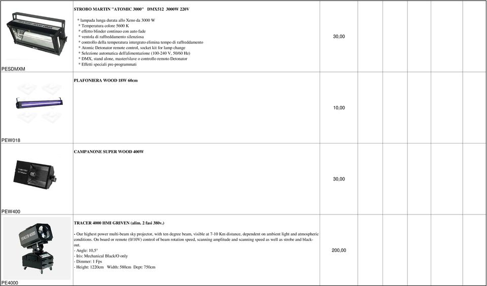 50/60 Hz) * DMX, stand alone, master/slave o controllo remoto Detonator * Effetti speciali pre-programmati PLAFONIERA WOOD 18W 60cm 30,00 10,00 PEW018 CAMPANONE SUPER WOOD 400W 30,00 PEW400 TRACER