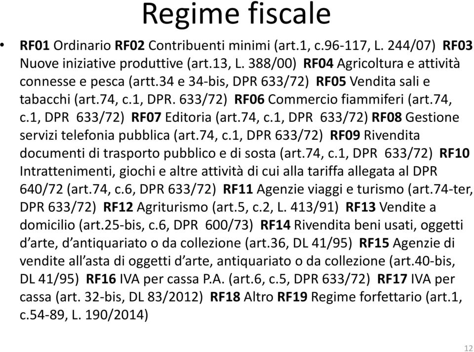 74, c.1, DPR 633/72) RF09 Rivendita documenti di trasporto pubblico e di sosta (art.74, c.1, DPR 633/72) RF10 Intrattenimenti, giochi e altre attività di cui alla tariffa allegata al DPR 640/72 (art.