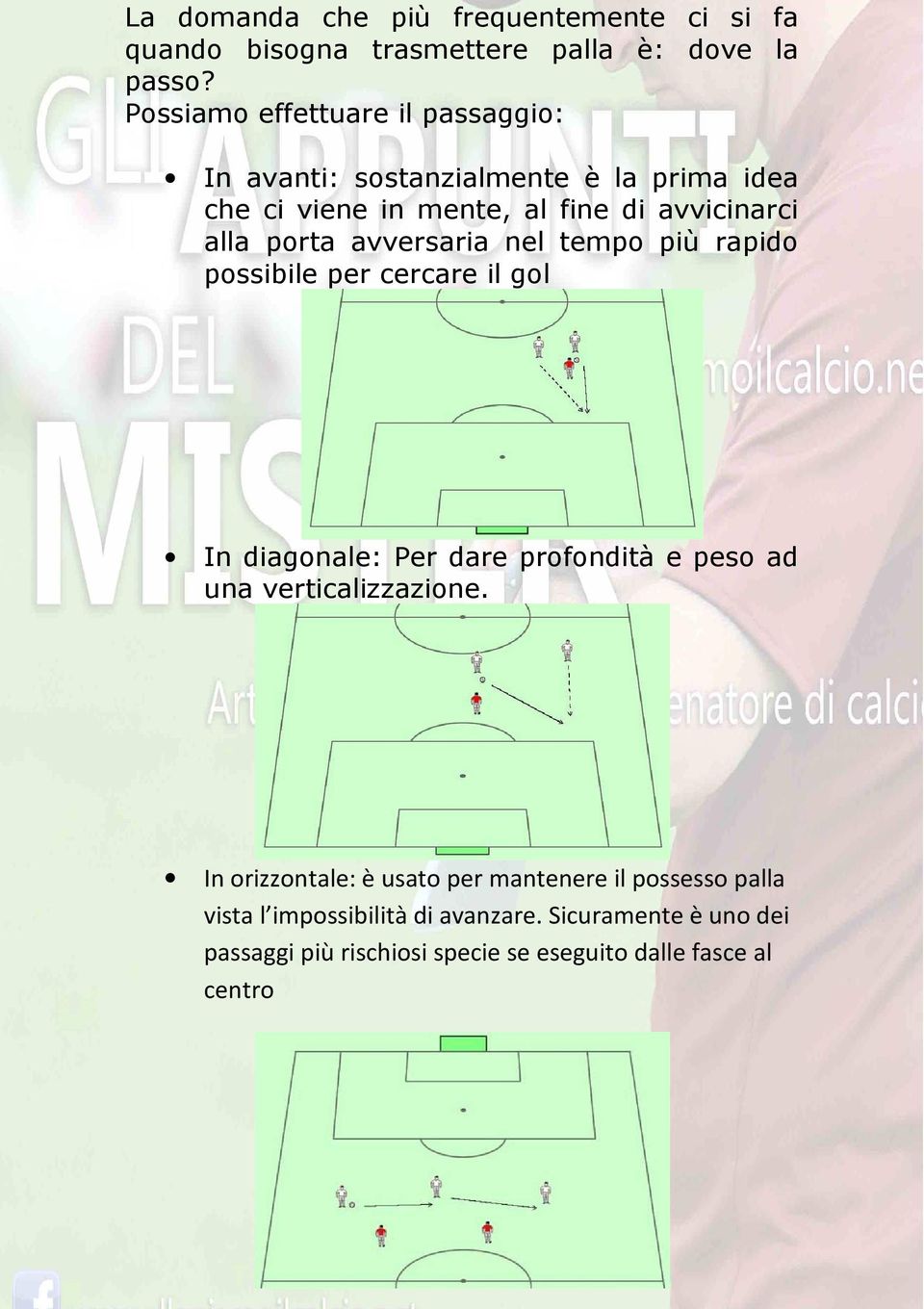 porta avversaria nel tempo più rapido possibile per cercare il gol In diagonale: Per dare profondità e peso ad una verticalizzazione.