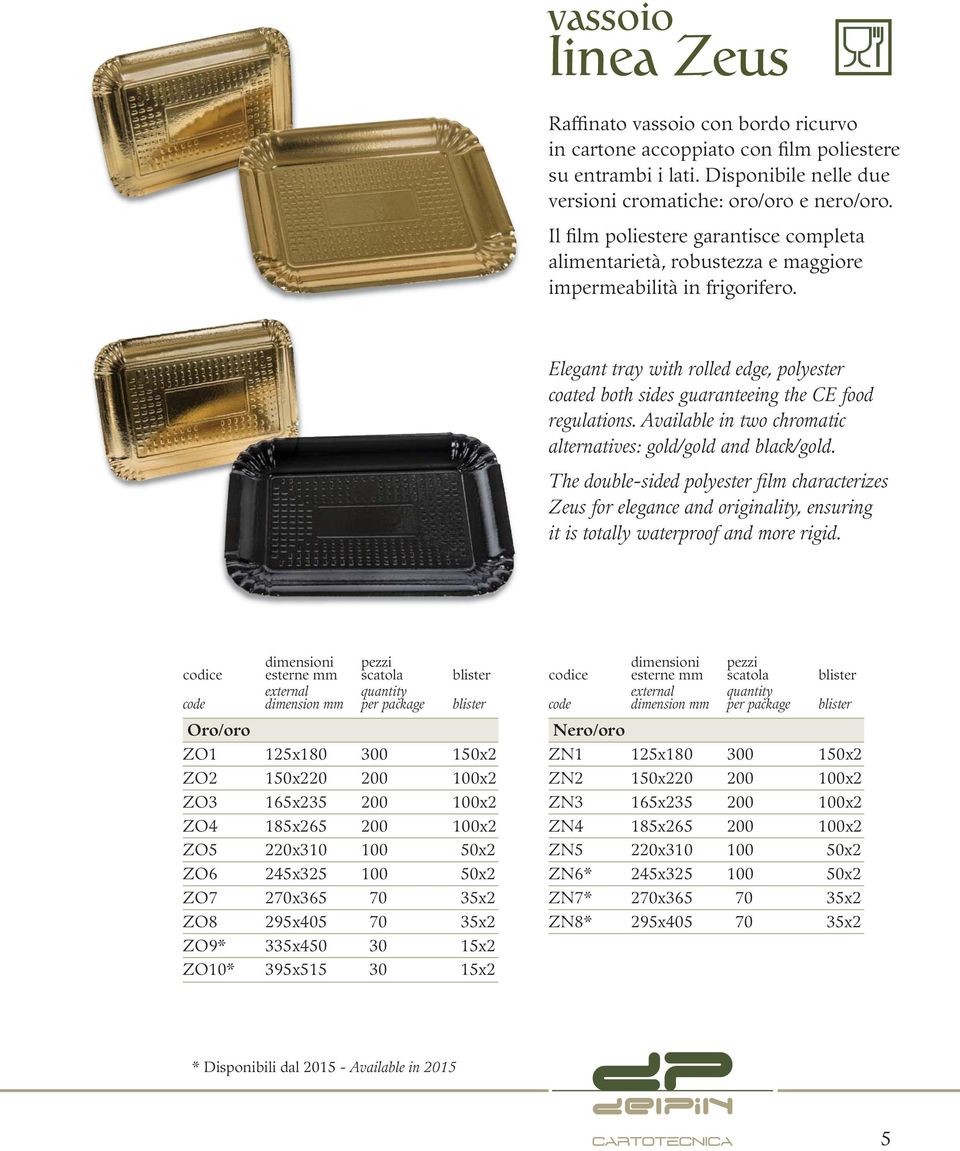 Elegant tray with rolled edge, polyester coated both sides guaranteeing the CE food regulations. Available in two chromatic alternatives: gold/gold and black/gold.