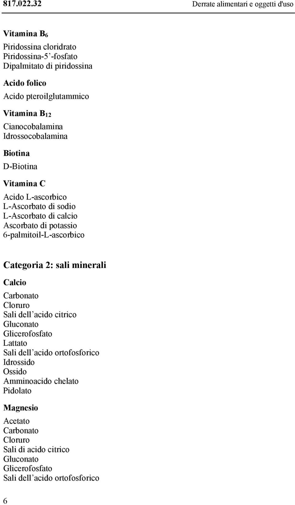 6-palmitoil-L-ascorbico Categoria 2: sali minerali Calcio Carbonato Cloruro Sali dell acido citrico Gluconato Glicerofosfato Lattato Sali dell acido