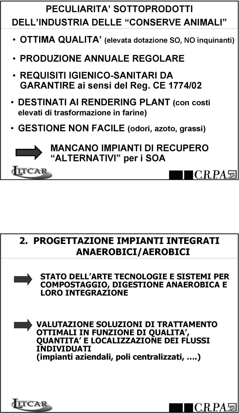 CE 1774/02 DESTINATI AI RENDERING PLANT (con costi elevati di trasformazione in farine) GESTIONE NON FACILE (odori, azoto, grassi) MANCANO IMPIANTI DI RECUPERO ALTERNATIVI