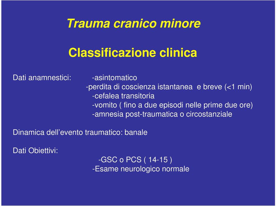 a due episodi nelle prime due ore) -amnesia post-traumatica o circostanziale Dinamica