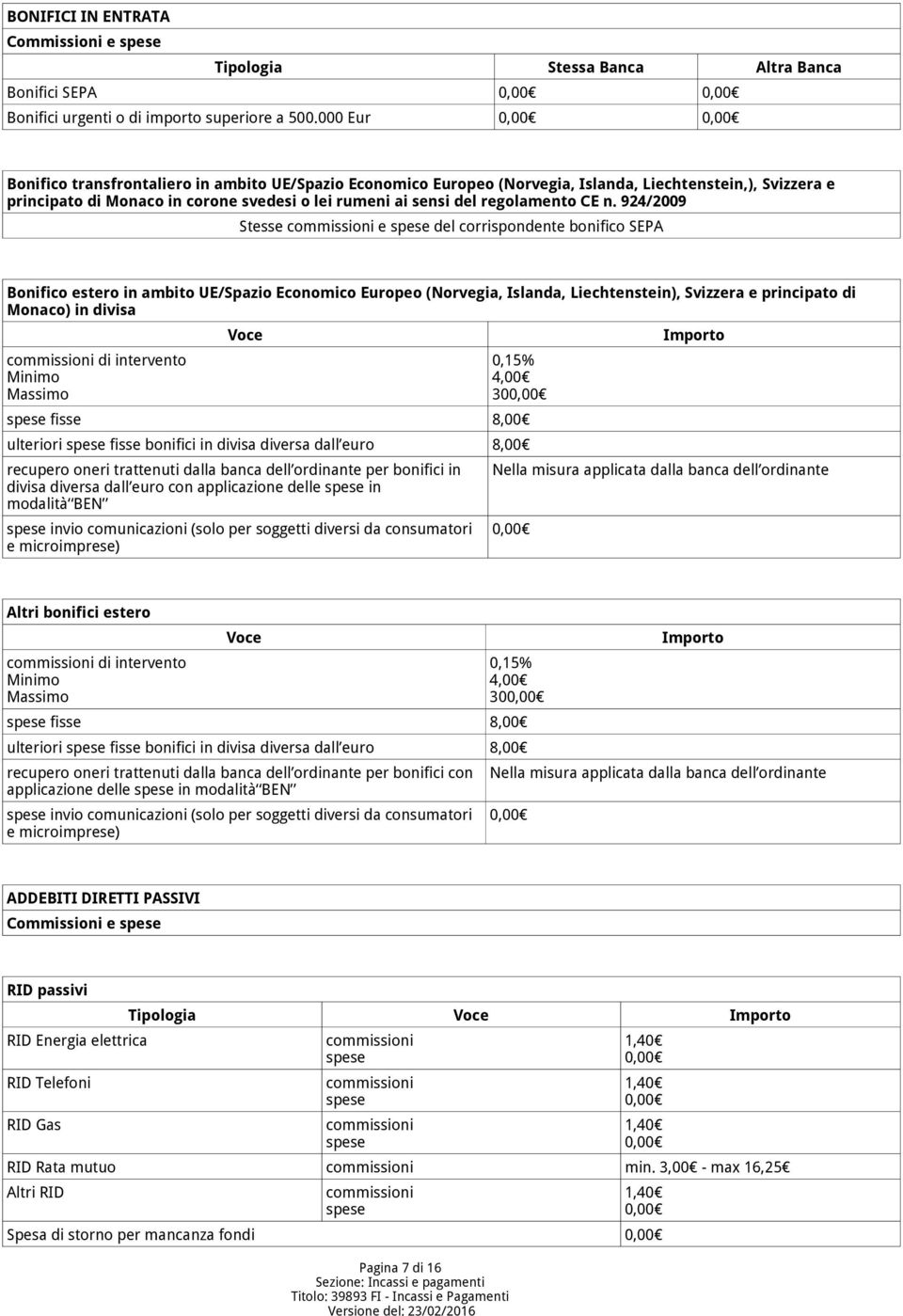 n. 924/2009 Stesse commissioni e spese del corrispondente bonifico SEPA Bonifico estero in ambito UE/Spazio Economico Europeo (Norvegia, Islanda, Liechtenstein), Svizzera e principato di Monaco) in