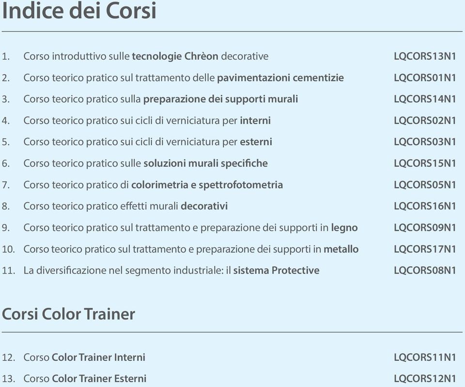 Corso teorico pratico sui cicli di verniciatura per esterni LQCORS03N1 6. Corso teorico pratico sulle soluzioni murali specifiche LQCORS15N1 7.