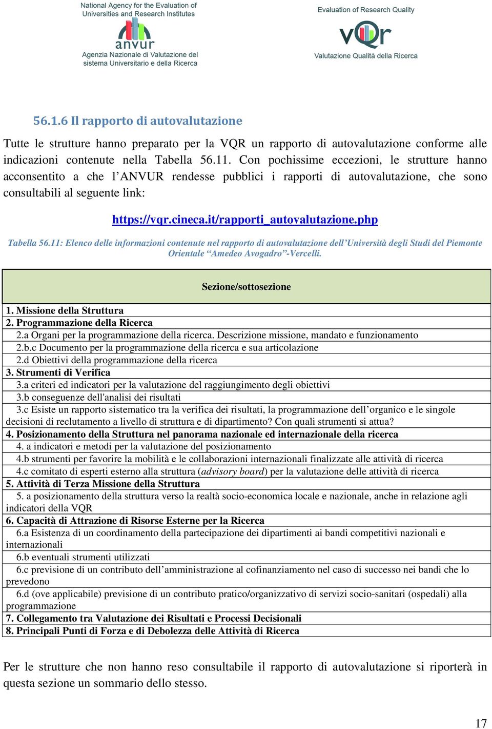 it/rapporti_autovalutazione.php Tabella 56.11: Elenco delle informazioni contenute nel rapporto di autovalutazione dell Università degli Studi del Piemonte Orientale Amedeo Avogadro -Vercelli.