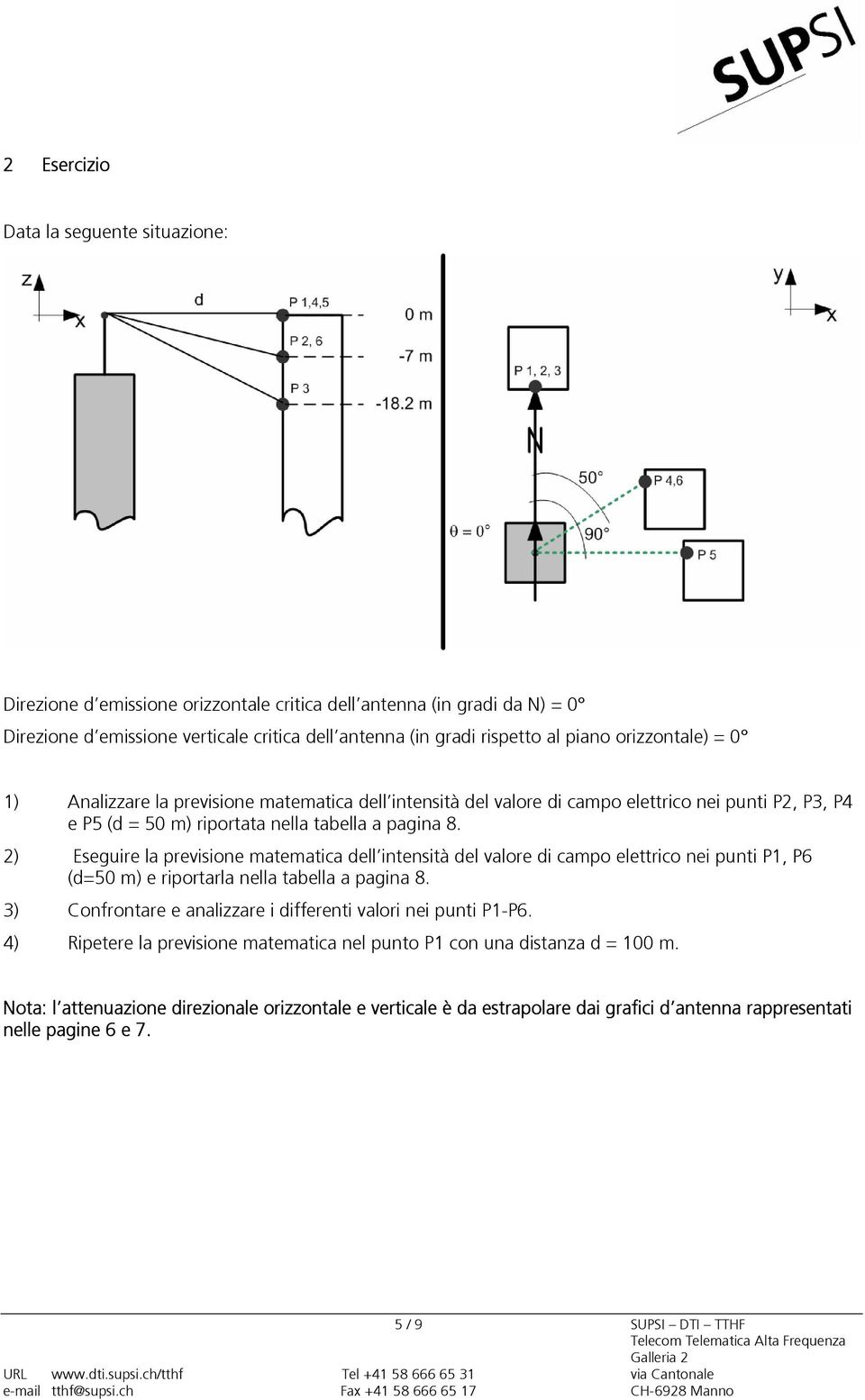 2) Eseguire la previsioe matematica dell itesità del valore di campo elettrico ei puti P1, P6 (d=50 m) e riportarla ella tabella a pagia 8.