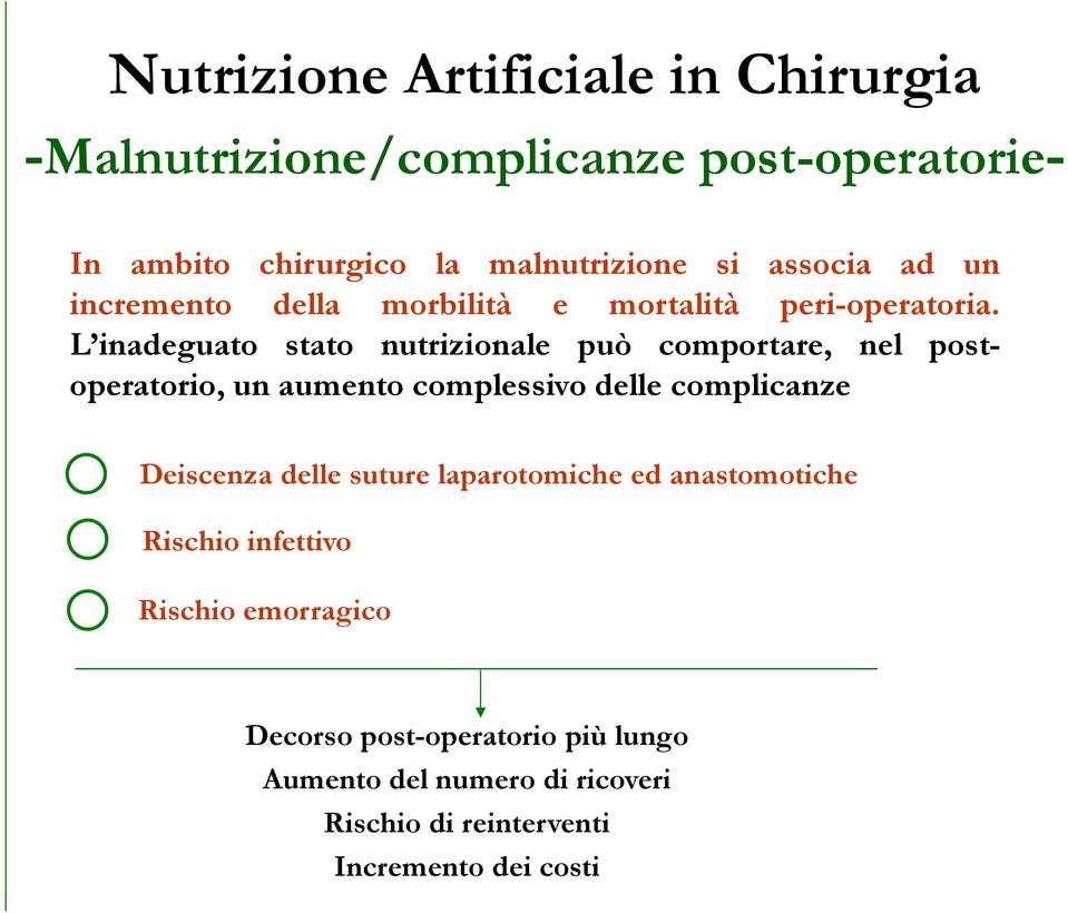 L inadeguato stato nutrizionale può comportare, nel postoperatorio, un aumento complessivo delle complicanze