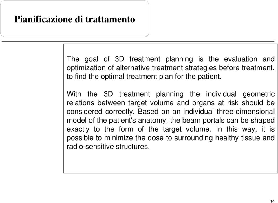 With the 3D treatment planning the individual geometric relations between target volume and organs at risk should be considered correctly.