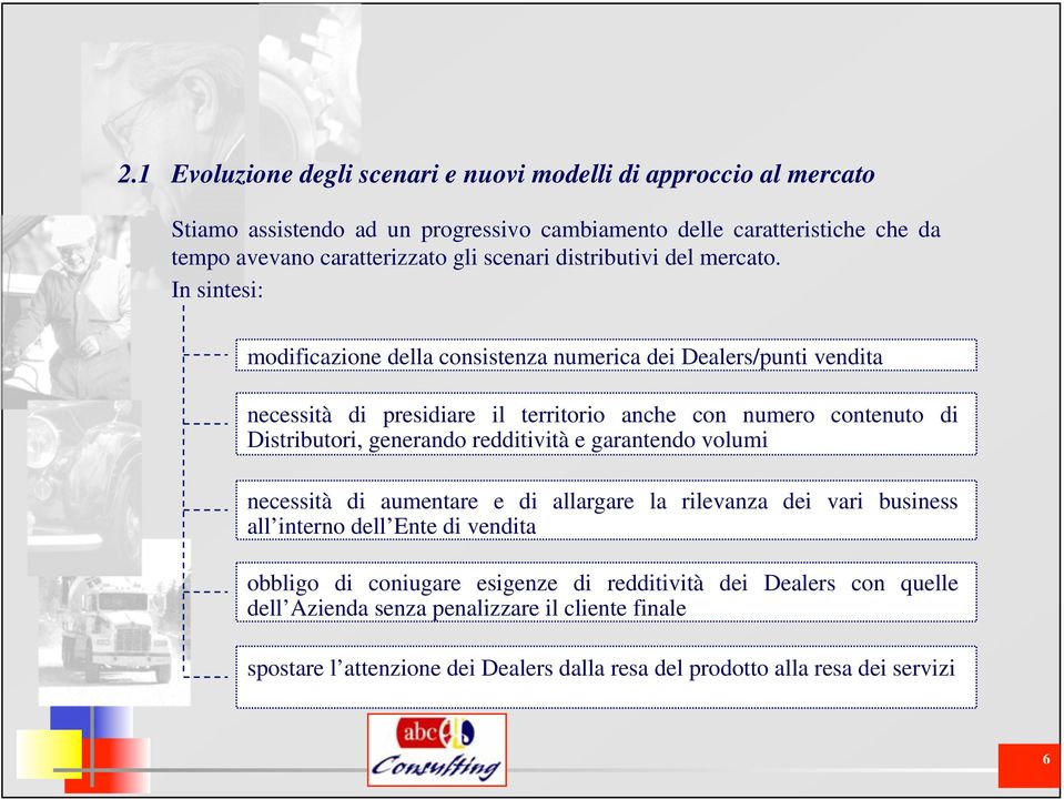 In sintesi: modificazione della consistenza numerica dei Dealers/punti vendita necessità di presidiare il territorio anche con numero contenuto di Distributori, generando