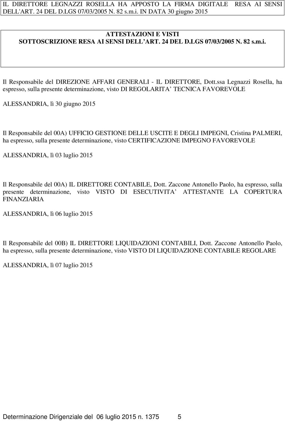 ssa Legnazzi Rosella, ha espresso, sulla presente determinazione, visto DI REGOLARITA TECNICA FAVOREVOLE ALESSANDRIA, lì 30 giugno 2015 Il Responsabile del 00A) UFFICIO GESTIONE DELLE USCITE E DEGLI