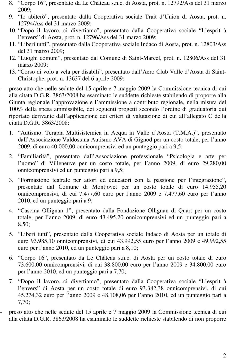 Liberi tutti, presentato dalla Cooperativa sociale Indaco di Aosta, prot. n. 12803/Ass del 31 marzo 2009; 12. Luoghi comuni, presentato dal Comune di Saint-Marcel, prot. n. 12806/Ass del 31 marzo 2009; 13.