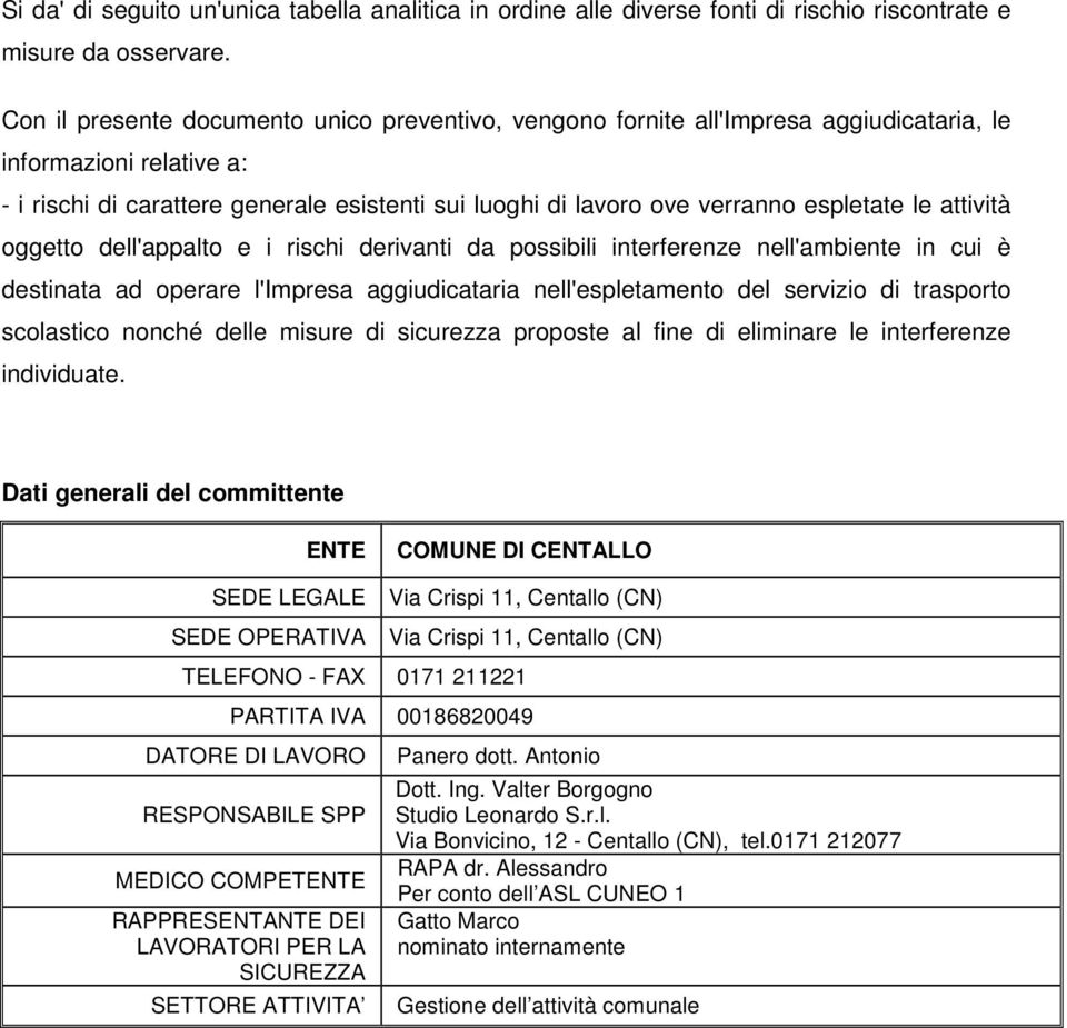 espletate le attività oggetto dell'appalto e i rischi derivanti da possibili interferenze nell'ambiente in cui è destinata ad operare l'impresa aggiudicataria nell'espletamento del servizio di