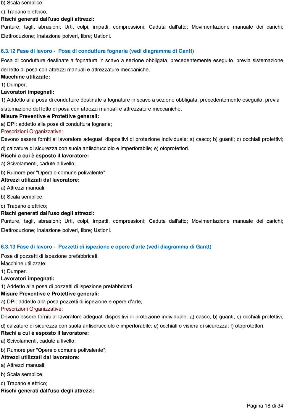 12 Fase di lavoro - Posa di conduttura fognaria (vedi diagramma di Gantt) Posa di condutture destinate a fognatura in scavo a sezione obbligata, precedentemente eseguito, previa sistemazione del