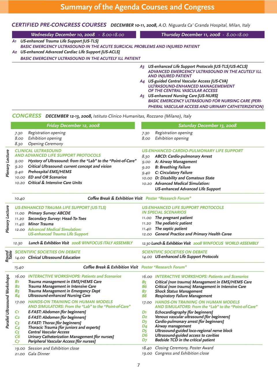 00 A1 US-enhanced Trauma Life Support [US-TLS] BASIC EMERGENCY ULTRASOUND IN THE ACUTE SURGICAL PROBLEMS AND INJURED PATIENT A2 US-enhanced Advanced Cardiac Life Support [US-ACLS] BASIC EMERGENCY