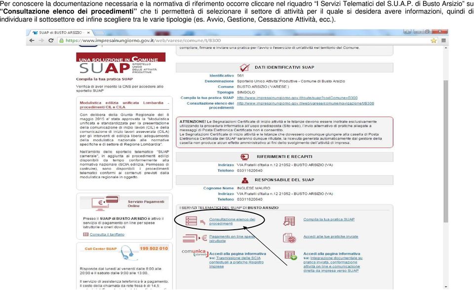 di Busto Arsizio su Consultazione elenco dei procedimenti che ti permetterà di selezionare il settore di