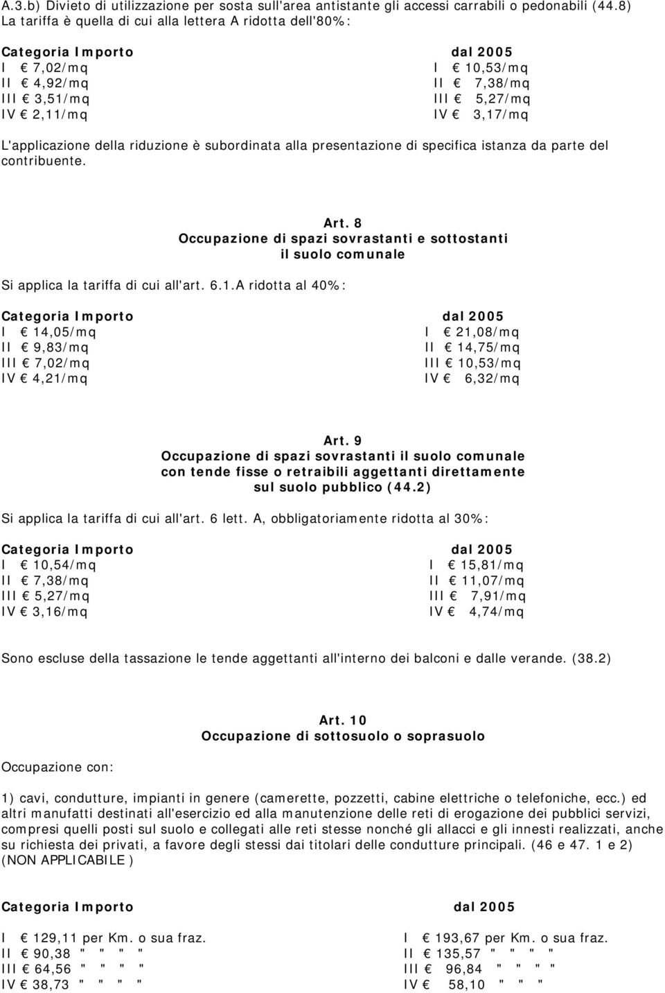 specifica istanza da parte del contribuente. Art. 8 Occupazione di spazi sovrastanti e sottostanti il suolo comunale Si applica la tariffa di cui all'art. 6.1.