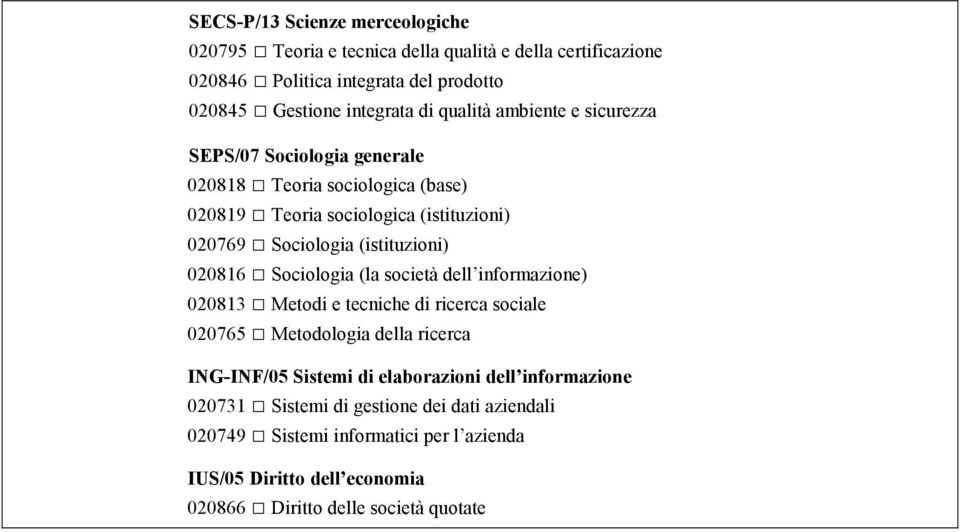 020816 Sociologia (la società dell informazione) 020813 Metodi e tecniche di ricerca sociale 020765 Metodologia della ricerca ING-INF/05 Sistemi di elaborazioni